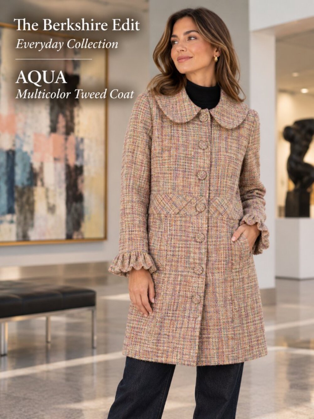 AQUA Multicolor Tweed Coat Large Peter Pan Collar Ruffle Cuff Made in USA